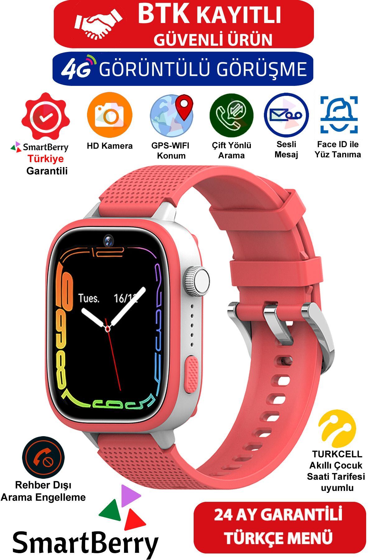 Smartberry Z51 Görüntülü Görüşme Gps Wıfı Net Konum Gizli Dinleme Akıllı Çocuk Takip Saati Sim Kartlı - Kırmızı