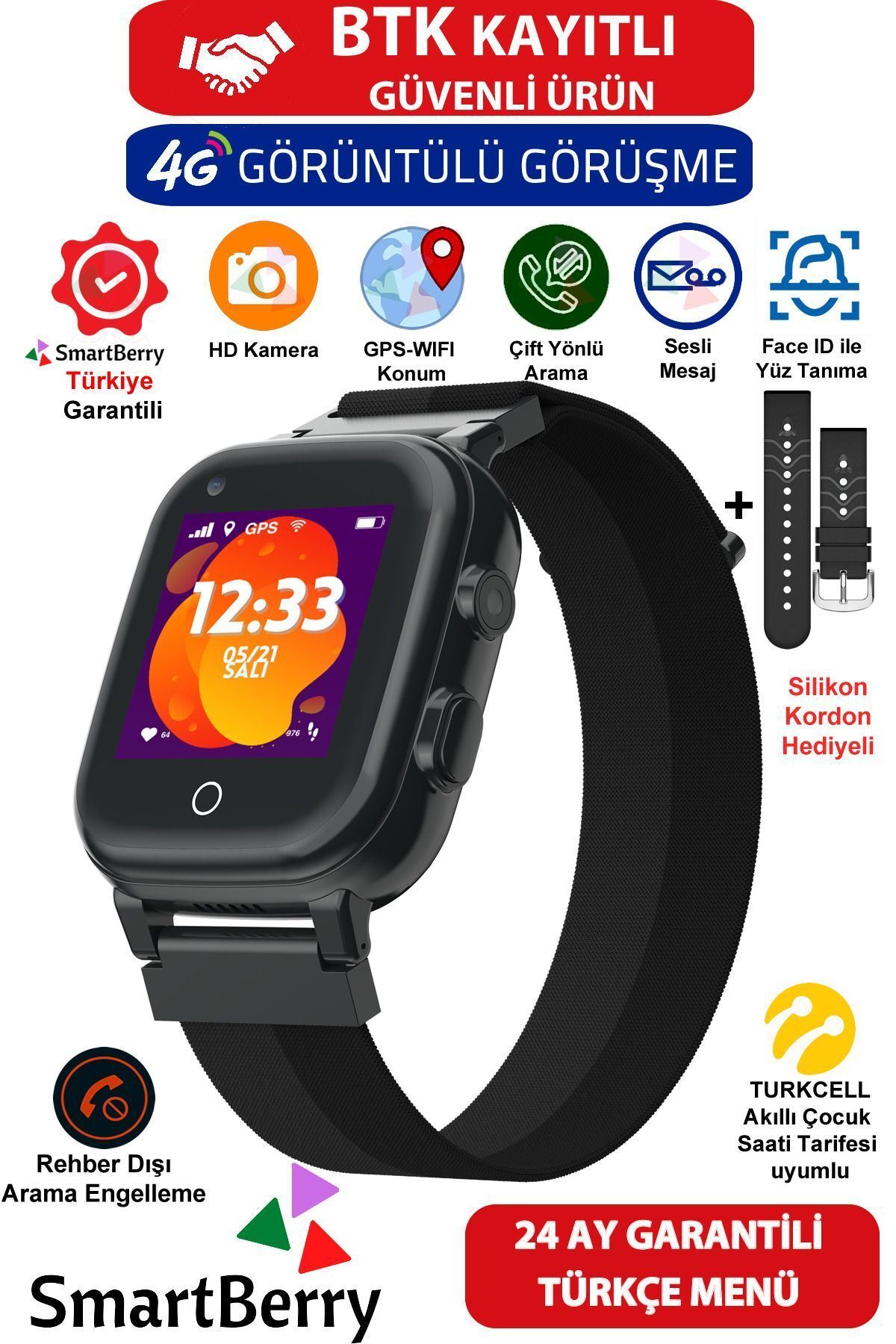 Smartberry Z40 Görüntülü Görüşme Yüz Tanıma Gps Wıfı Konum Akıllı Çocuk Takip Saati Sim Kartlı - Siyah