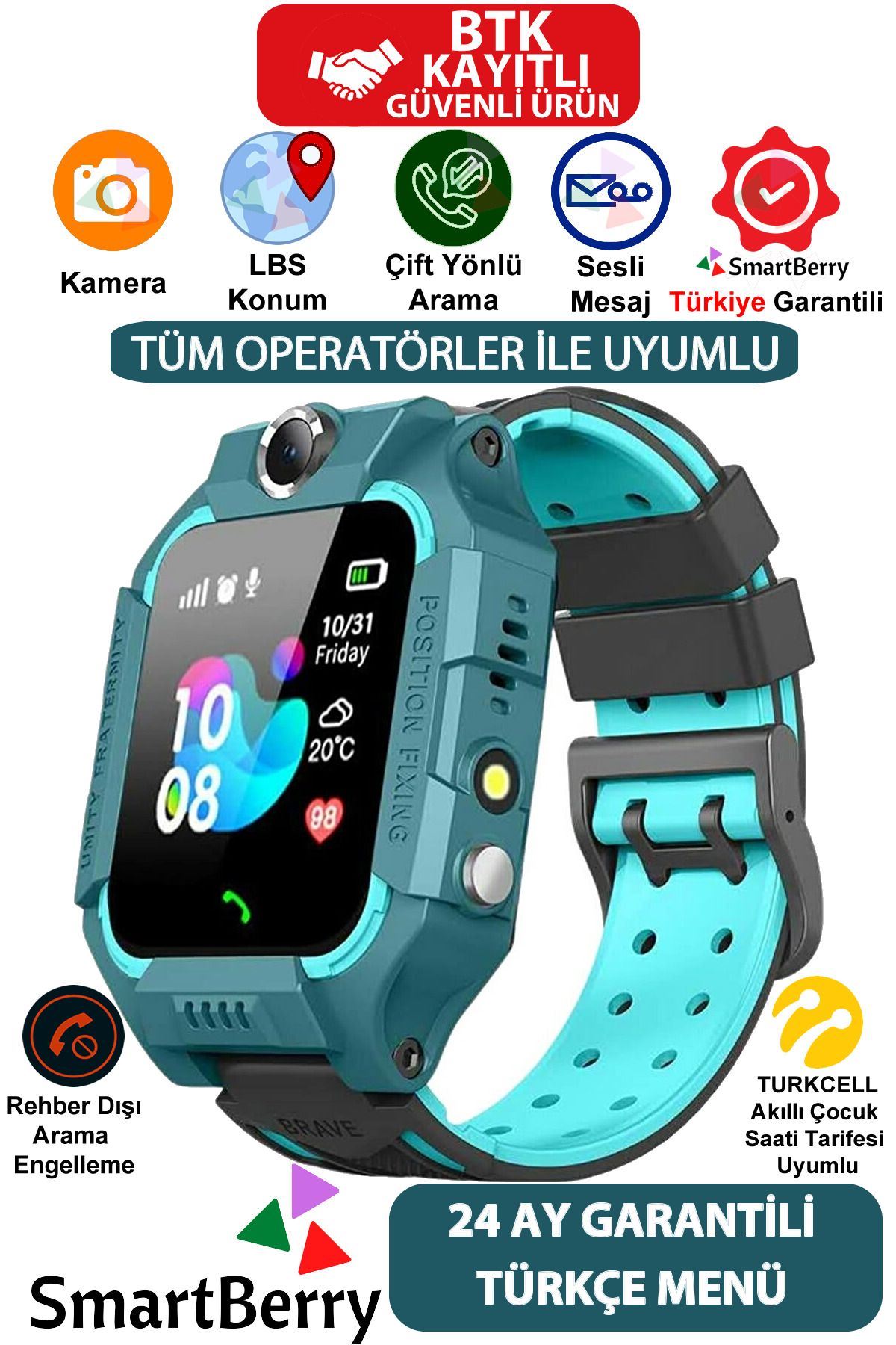 Smartberry Z2 Lbs Konumlu Akıllı Çocuk Takip Saati Sim Kartlı Arama, Kameralı, Gizli Dinleme Özellikli - Yeşil