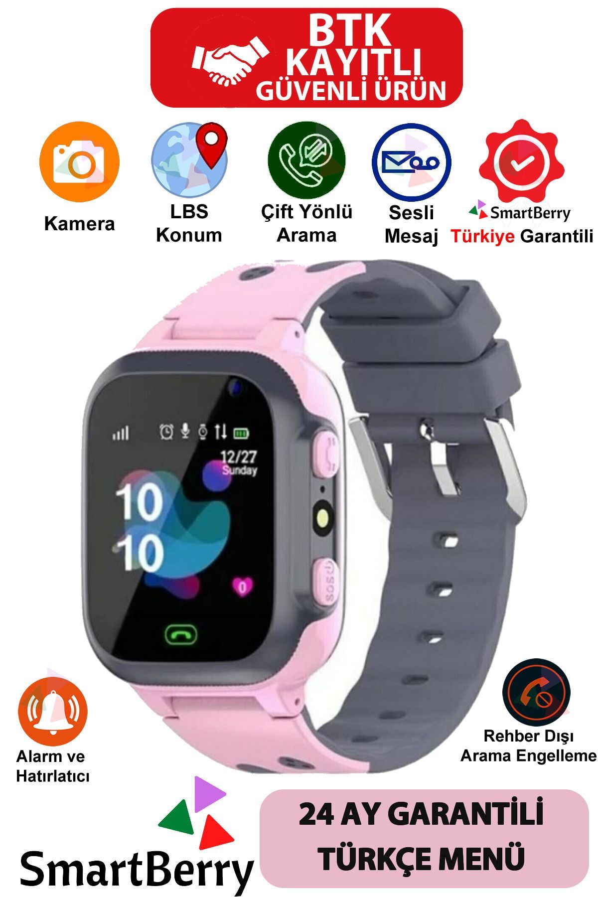 Smartberry Z1 Çocuk Konum Takipli Sim Kart Girişli Lbs Ve Sos Özellikli Akıllı Saat - Pembe