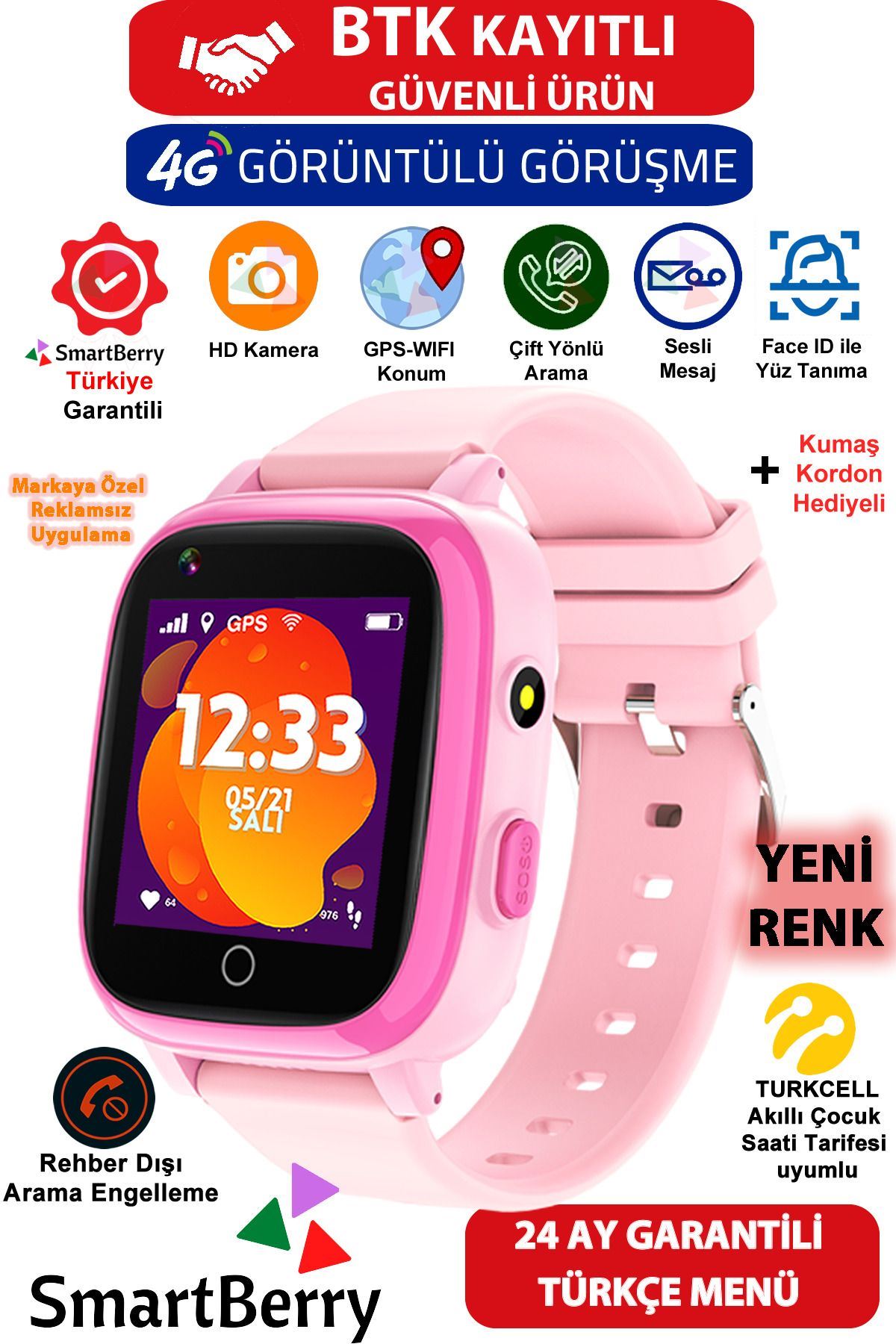 Smartberry Z40 Görüntülü Görüşme Yüz Tanıma Gps Wıfı Konum Akıllı Çocuk Takip Saati Sim Kartlı - Pembe