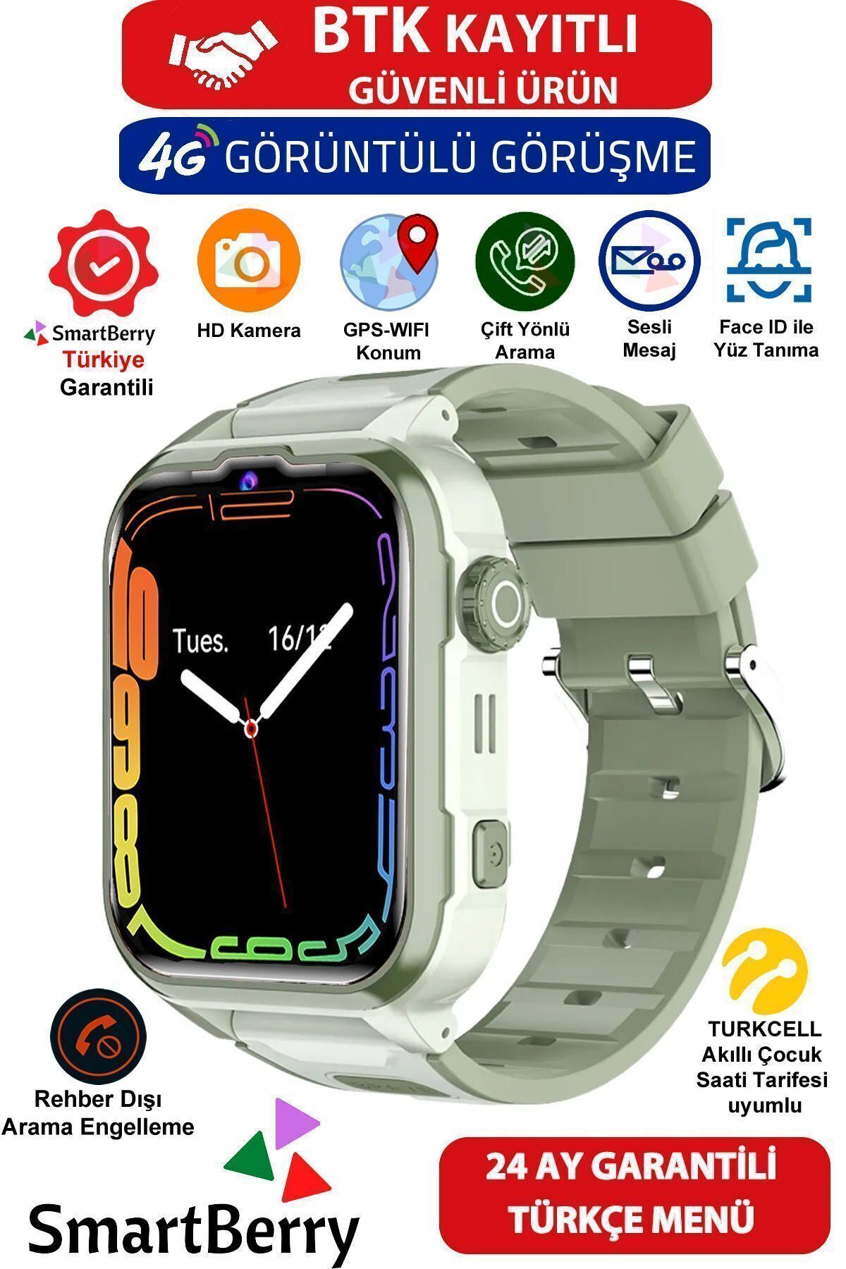 Smartberry Z50 Görüntülü Görüşme Gps Wıfı Net Konum Gizli Dinleme Akıllı Çocuk Takip Saati Sim Kartlı- Yeşil