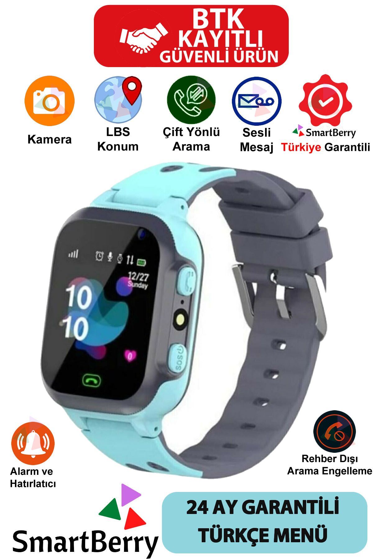 Smartberry Z1 Çocuk Konum Takipli Sim Kart Girişli Lbs Ve Sos Özellikli Akıllı Saat - Mavi