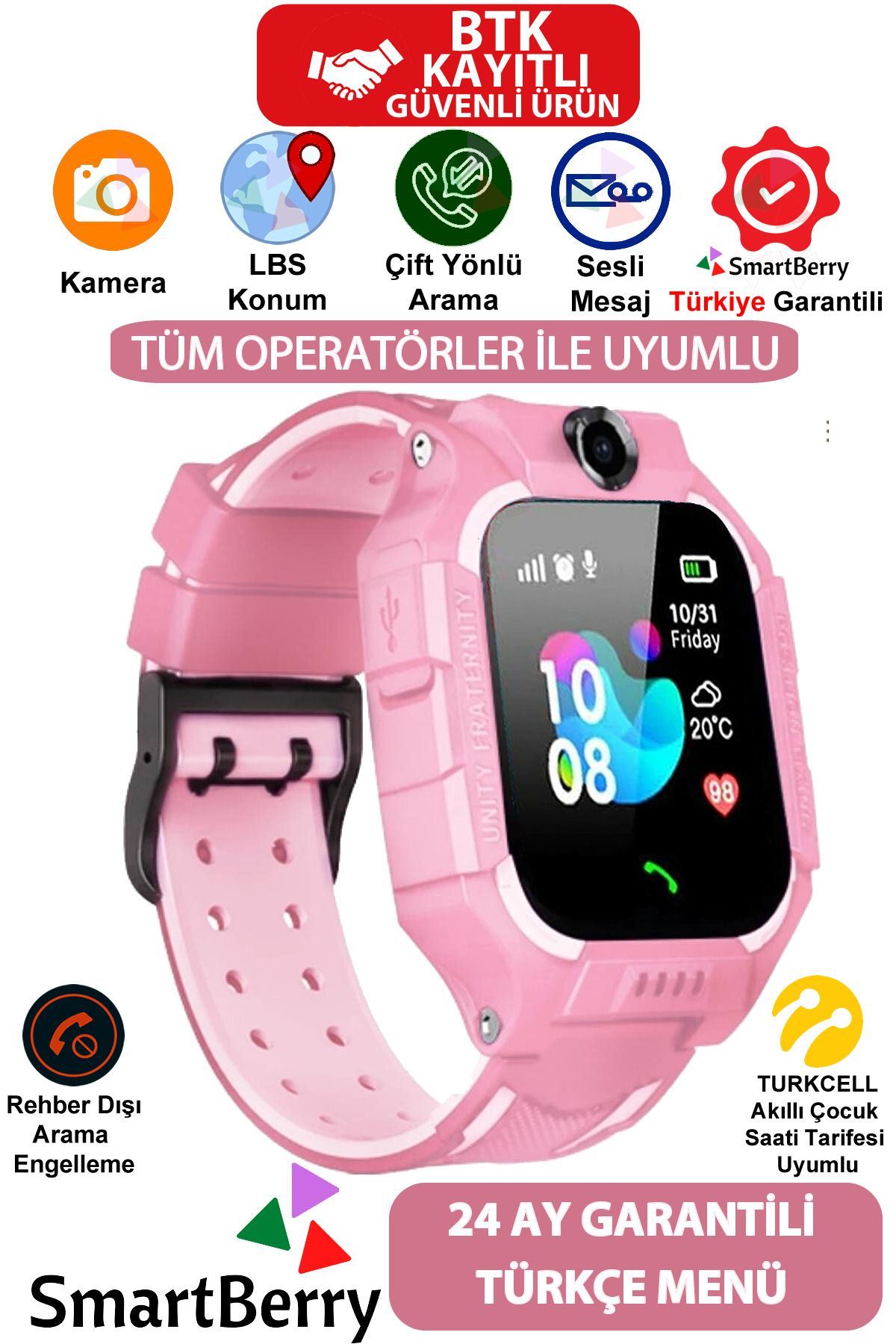 Smartberry Z2 Lbs Konumlu Akıllı Çocuk Takip Saati Sim Kartlı Arama, Kameralı, Gizli Dinleme Özellikli -pembe