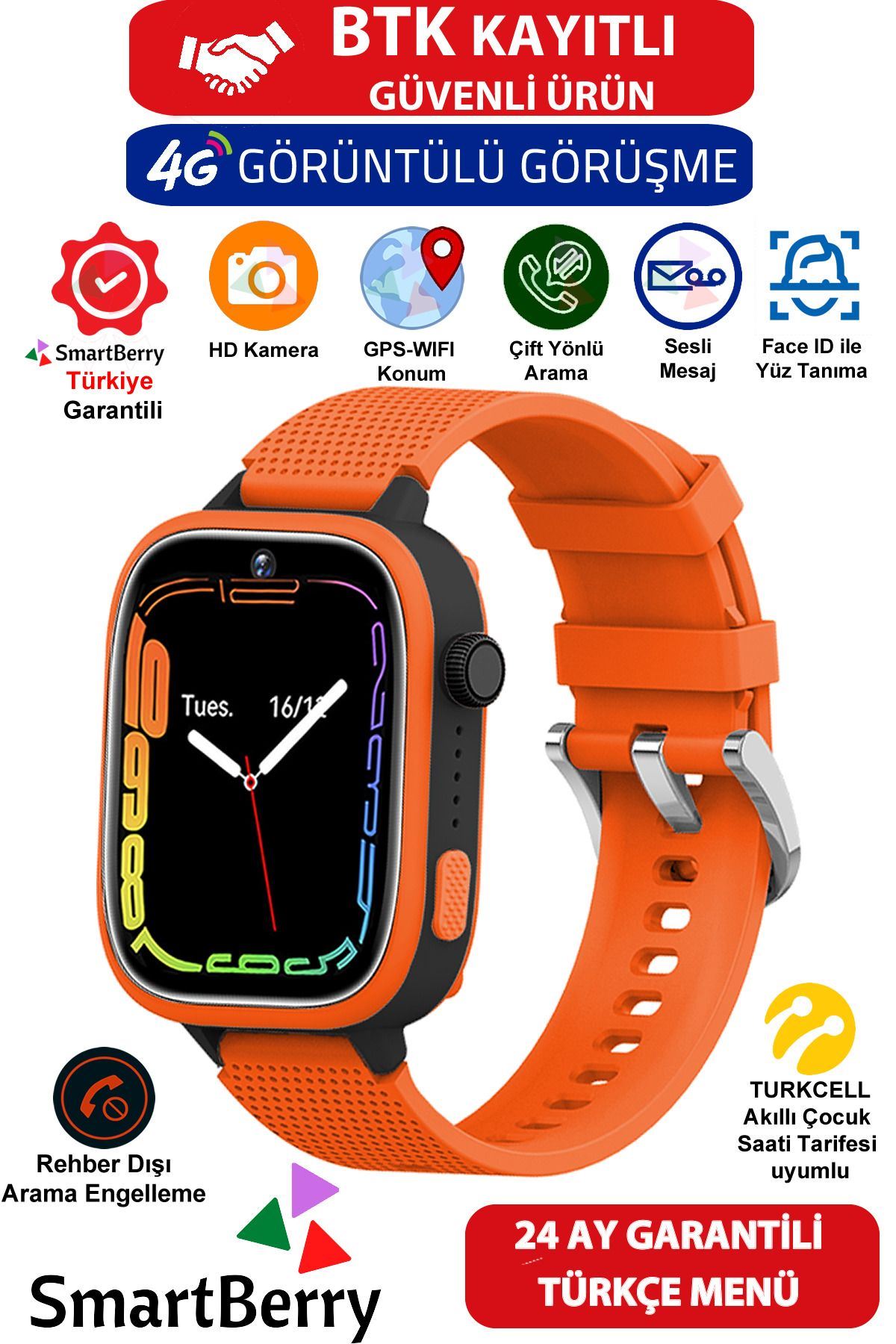 Smartberry Z51 Görüntülü Görüşme Gps Wıfı Net Konum Gizli Dinleme Akıllı Çocuk Takip Saati Sim Kartlı - Turuncu