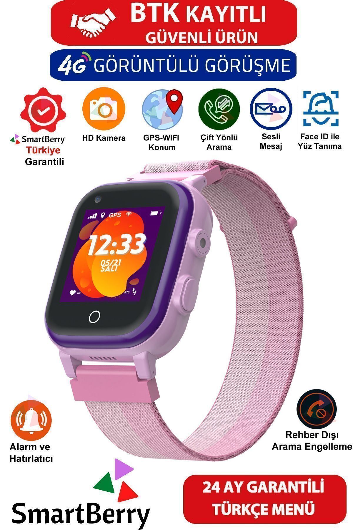 Smartberry Z40 Görüntülü Görüşme Yüz Tanıma Gps Wıfı Konum Akıllı Çocuk Takip Saati Sim Kartlı - Pembe Mor