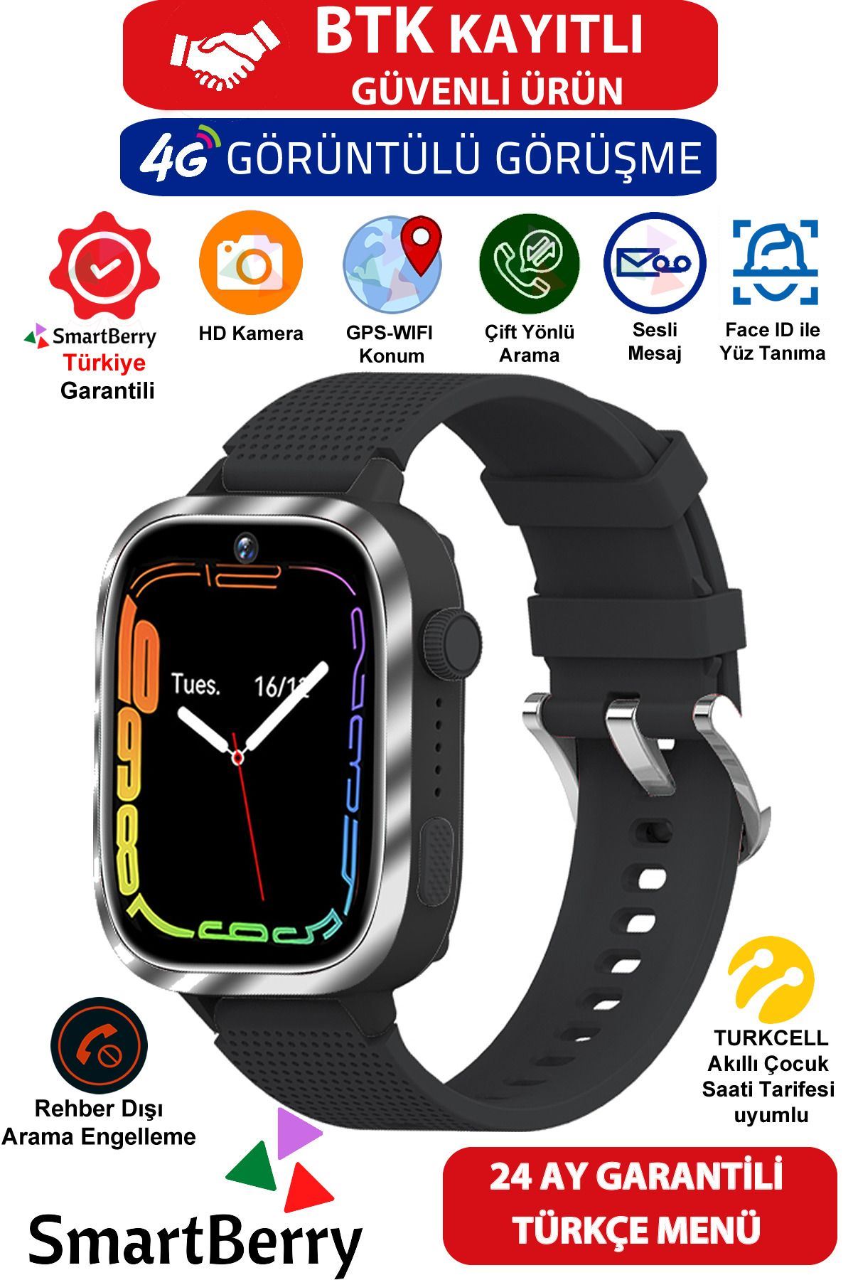 Smartberry Z51 Görüntülü Görüşme Gps Wıfı Net Konum Gizli Dinleme Akıllı Çocuk Takip Saati Sim Kartlı - Siyah