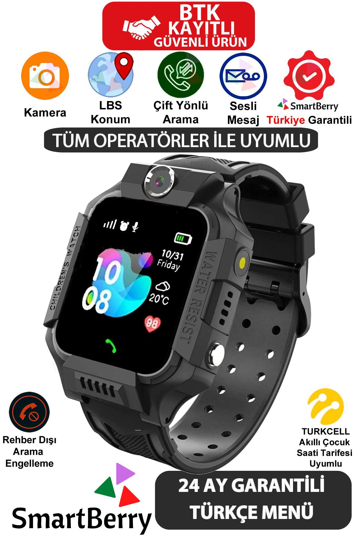 Smartberry Z2 Lbs Konumlu Akıllı Çocuk Takip Saati Sim Kartlı Arama, Kameralı, Gizli Dinleme Özellikli -siyah