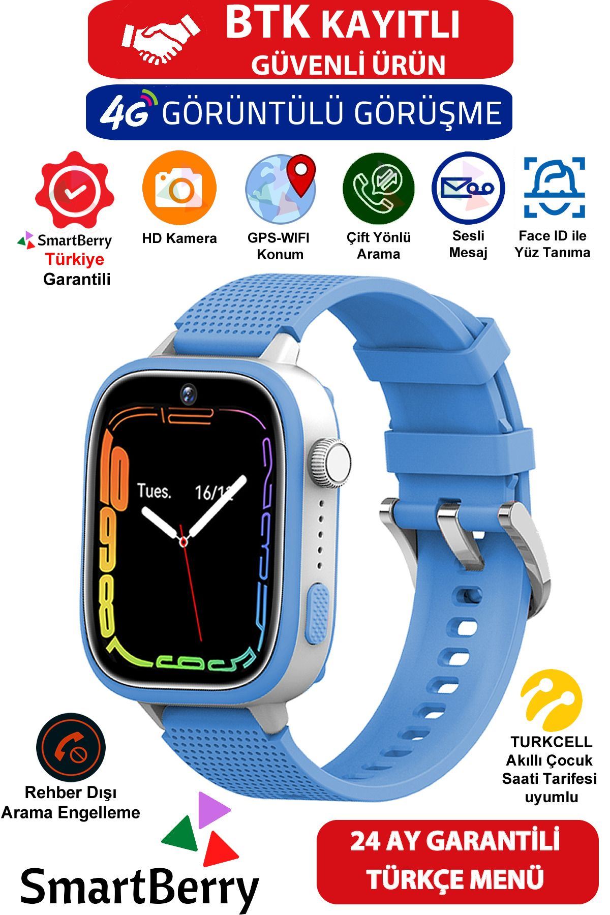 Smartberry Z51 Görüntülü Görüşme Gps Wıfı Net Konum Gizli Dinleme Akıllı Çocuk Takip Saati Sim Kartlı - Mavi