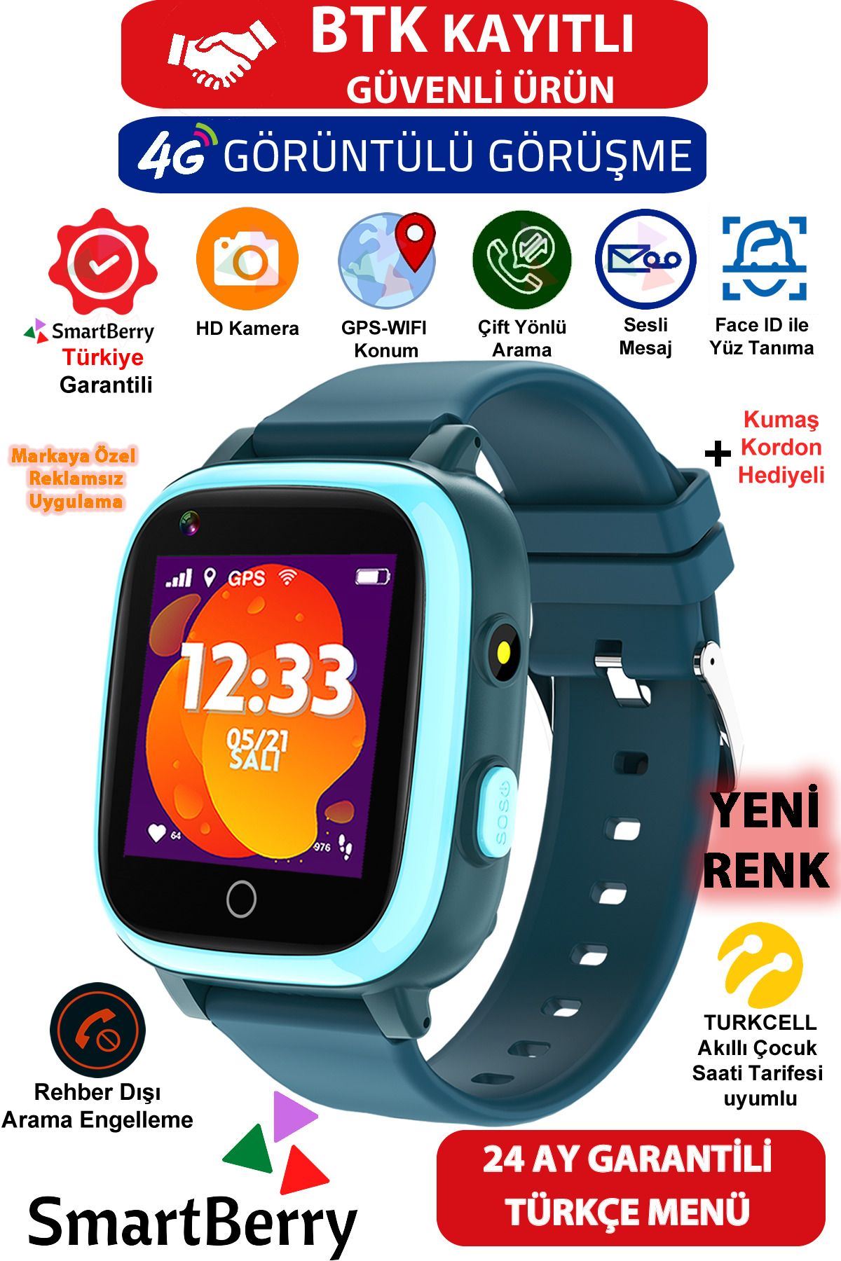 Smartberry Z40 Görüntülü Görüşme Yüz Tanıma Gps Wıfı Konum Akıllı Çocuk Takip Saati Sim Kartlı - Yeşil