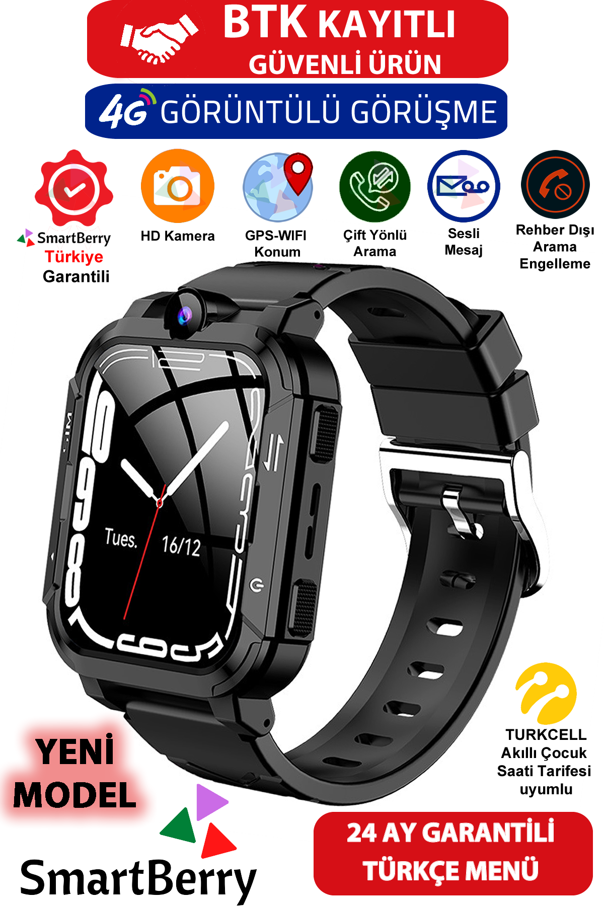 Smartberry Z34 Görüntülü Görüşme Gps Wıfı Net Konum Gizli Dinleme Akıllı Çocuk Takip Saati Sim Kartlı - Siyah