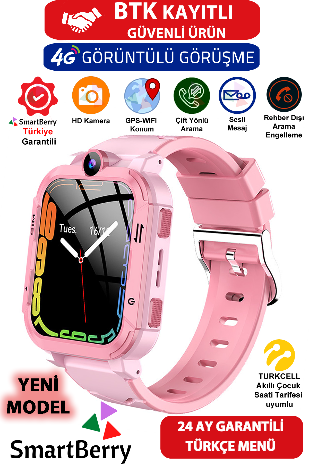 Smartberry Z34 Görüntülü Görüşme Gps Wıfı Net Konum Gizli Dinleme Akıllı Çocuk Takip Saati Sim Kartlı - Pembe 