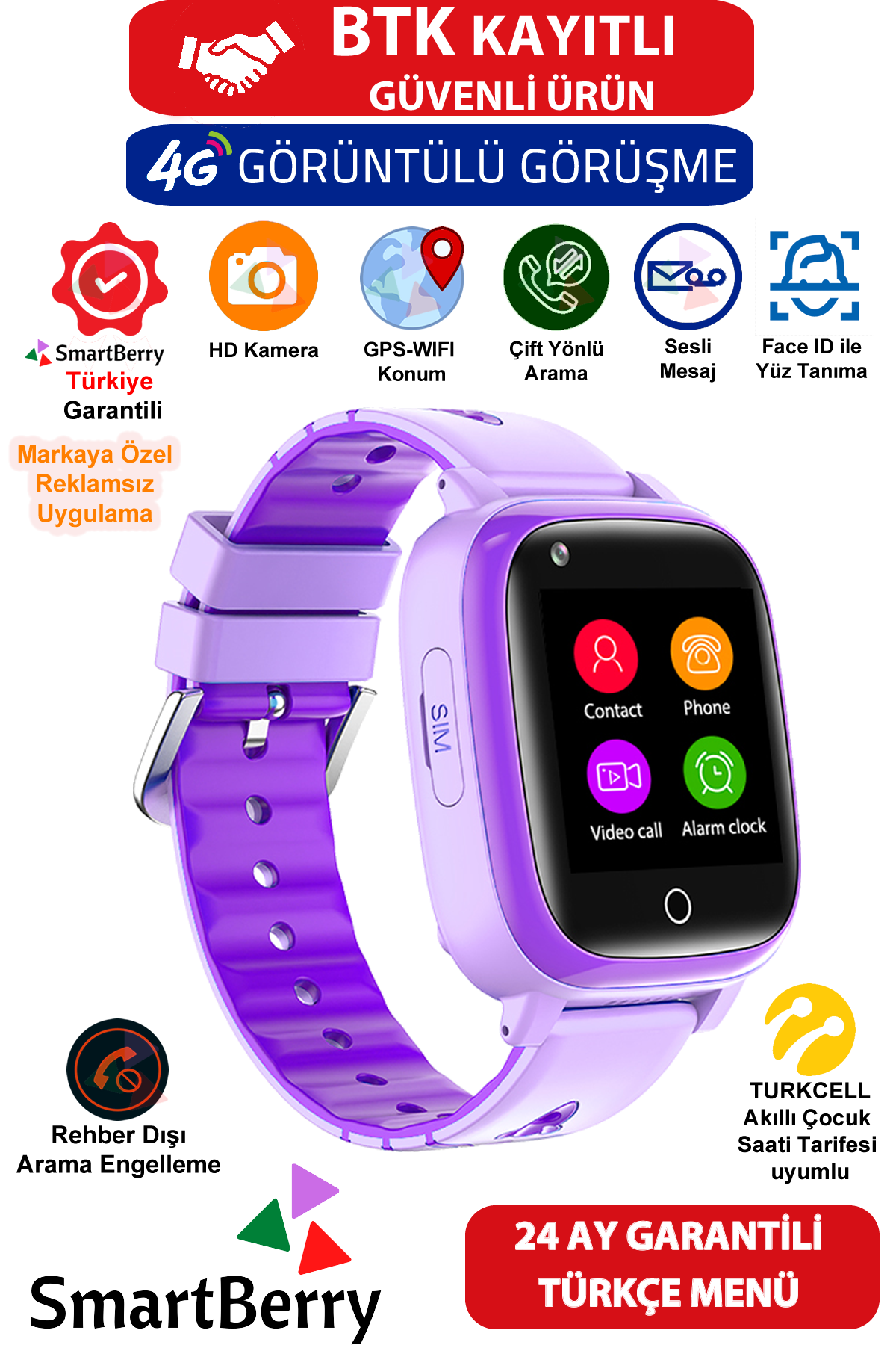 Smartberry Z40 Görüntülü Görüşme Yüz Tanıma Gps Wıfı Konum Akıllı Çocuk Takip Saati Sim Kartlı - Pembe Mor