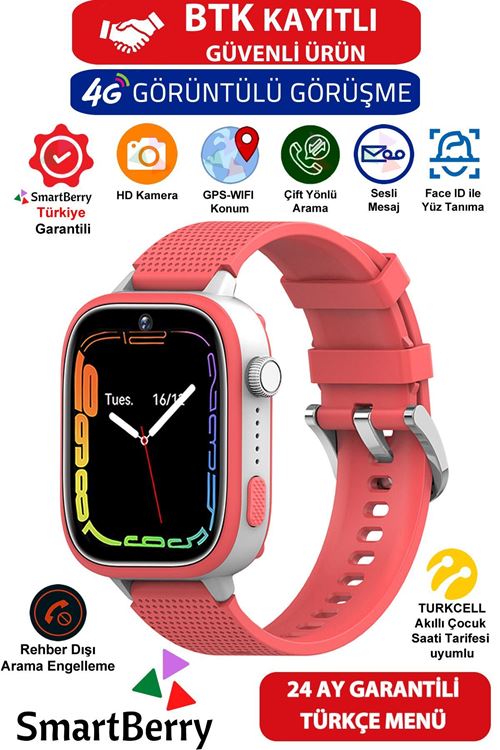 Smartberry Z51 Görüntülü Görüşme Gps Wıfı Net Konum Gizli Dinleme Akıllı Çocuk Takip Saati Sim Kartlı - Kırmızı