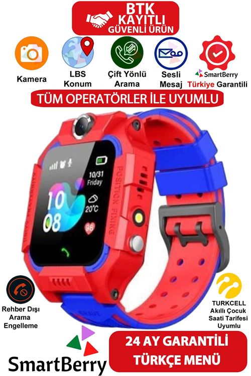 Smartberry Z2 Lbs Konumlu Akıllı Çocuk Takip Saati Sim Kartlı Arama, Kameralı, Gizli Dinleme Özellikli- Kırmızı
