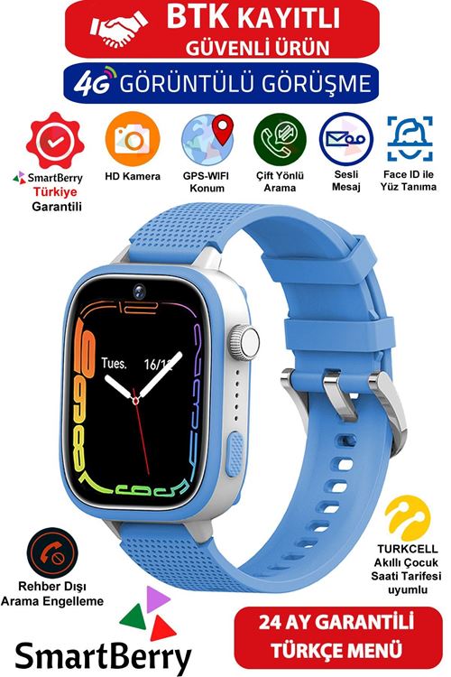 Smartberry Z51 Görüntülü Görüşme Gps Wıfı Net Konum Gizli Dinleme Akıllı Çocuk Takip Saati Sim Kartlı - Mavi