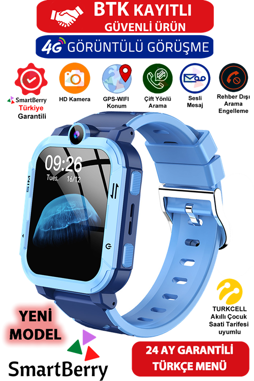 Smartberry Z34 Görüntülü Görüşme Gps Wıfı Net Konum Gizli Dinleme Akıllı Çocuk Takip Saati Sim Kartlı - Mavi 