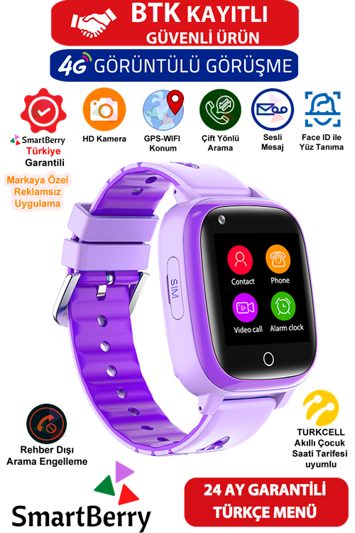 Smartberry Z40 Görüntülü Görüşme Yüz Tanıma Gps Wıfı Konum Akıllı Çocuk Takip Saati Sim Kartlı - Pembe Mor